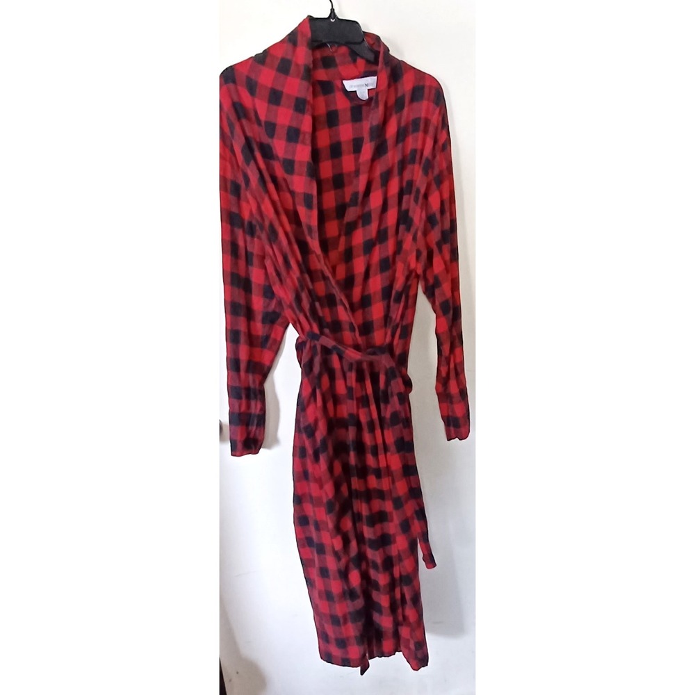 Dreams & Co Robe Women 1X Red Black Buffalo Plaid Flannel Cotton Tie Waist Cabin
